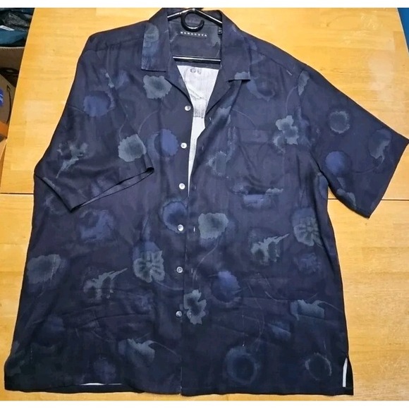 Baracuta Hawaiian Mens Shirt XL‎ 100% Silk Navy Floral Pocketed Fishing Tropical - Picture 1 of 9